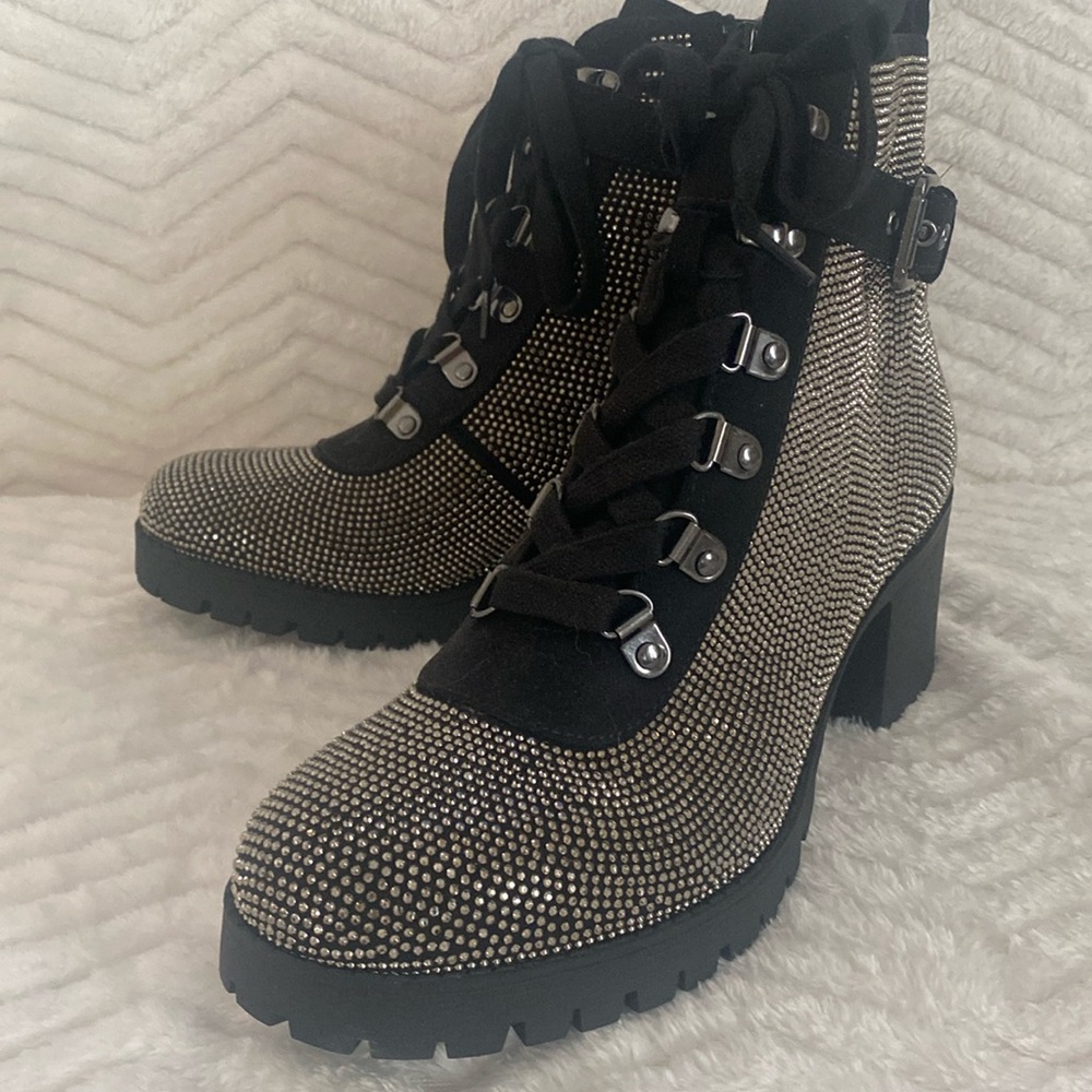 NEW Wild Pair Zip Up Combat Hiking Boots, Black Multi, Sequin Studded 8.5 US